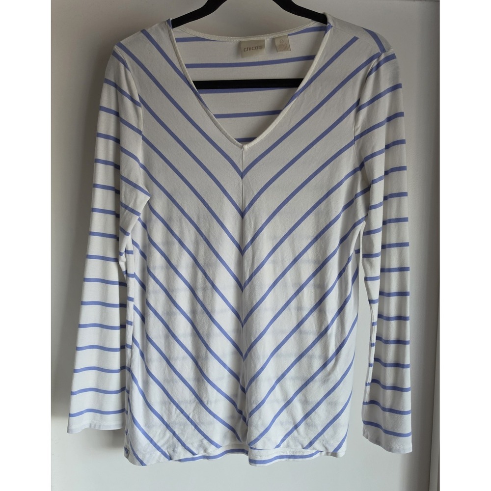 Chico's Long Sleeve Top Size 0 Striped V-Neck White Blue Casual Blouse Shirt